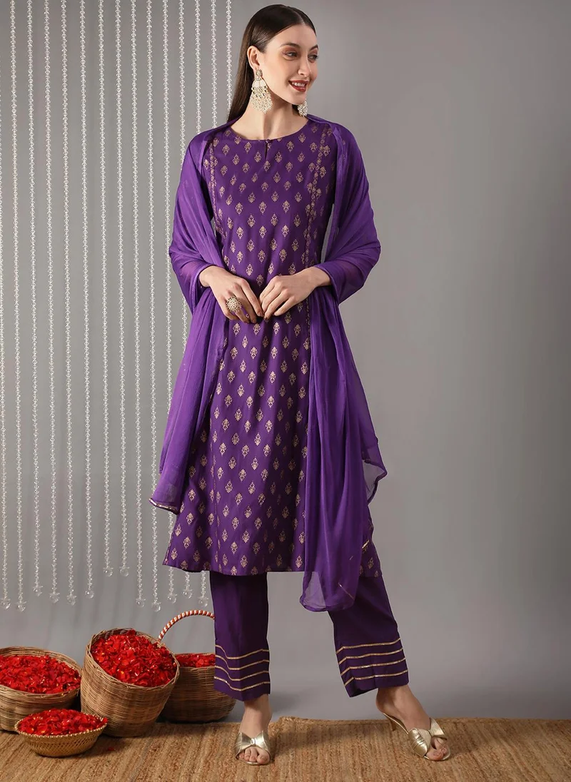 globus Globus Women Purple Keyhole Detail Round Neck Gold Foil Print A-Line Kurta With Pants & Gotta Patti Dupatta Festive Set